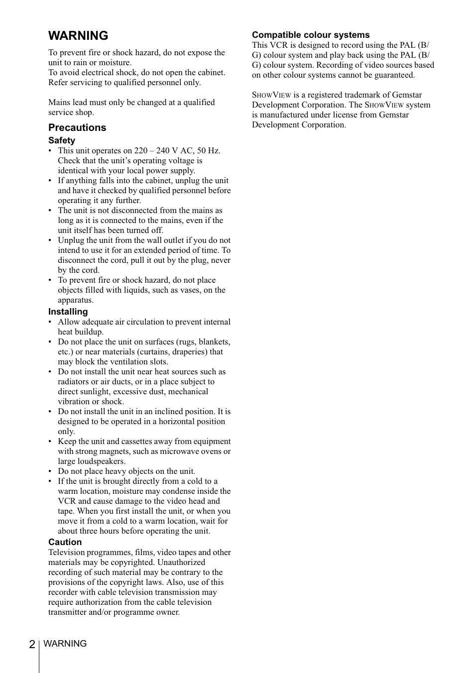 Warning, 2 warning | Sony SLV-SE220D User Manual | Page 2 / 80