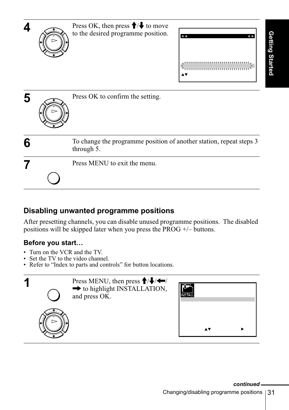 Disabling unwanted programme positions, Press ok to eonfirm the setting. 6 7 | Sony SLV-SE220D User Manual | Page 31 / 80