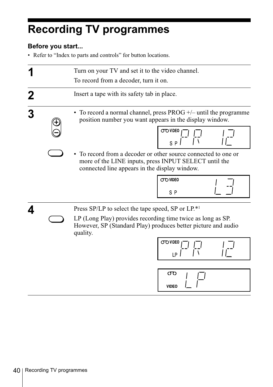 Recording tv programmes, Input select button (40) (54) | Sony SLV-SE220D User Manual | Page 40 / 80