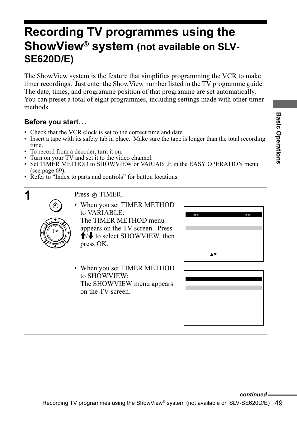 Timer button (49) (53), Recording tv programmes using the showview® system, Not available on slv- se620d/e) | Sony SLV-SE220D User Manual | Page 49 / 80