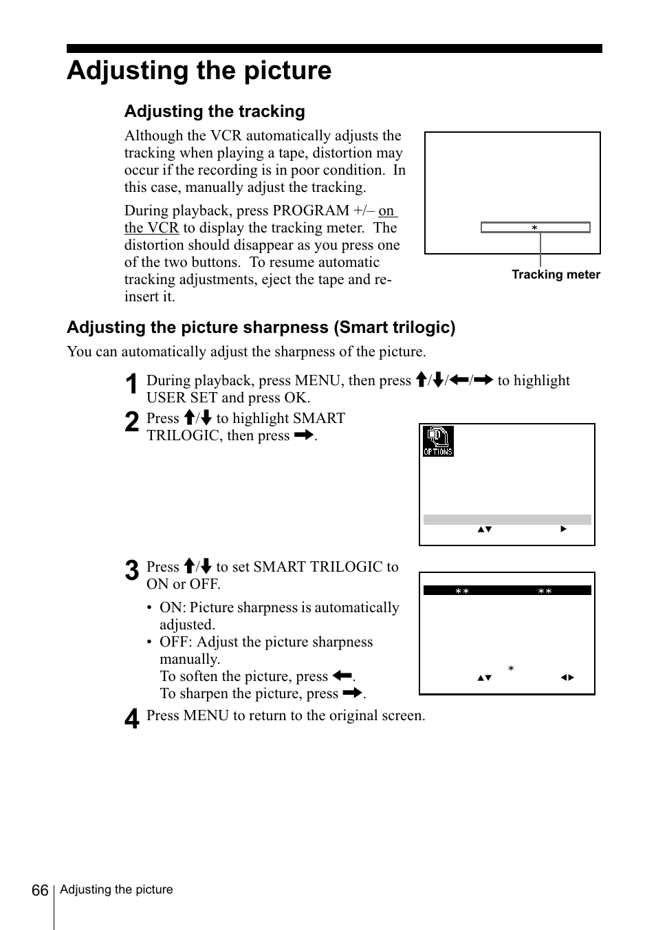 Adjusting the picture, Adjusting the tracking, Adjusting the picture sharpness (smart trilogic) | 66 adjusting the picture | Sony SLV-SE220D User Manual | Page 66 / 80