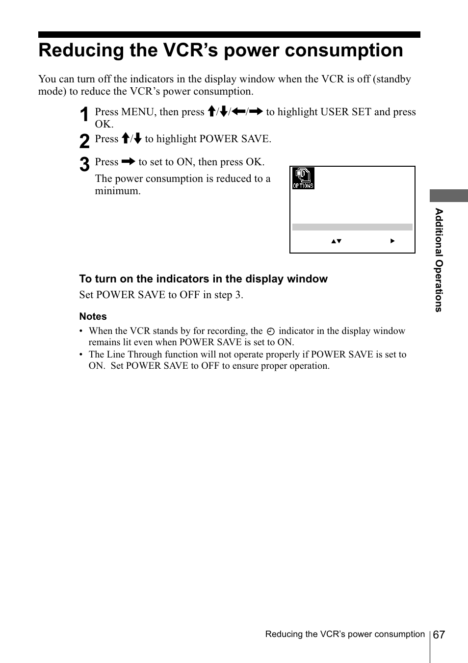 Reducing the vcr’s power consumption, Reducing the vcr’s power consumption 67 | Sony SLV-SE220D User Manual | Page 67 / 80