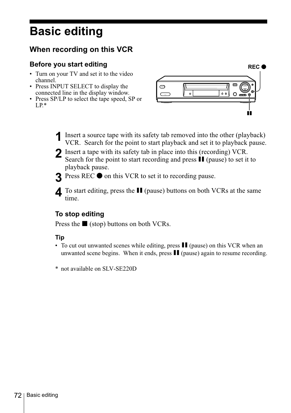 Basic editing, When recording on this vcr | Sony SLV-SE220D User Manual | Page 72 / 80