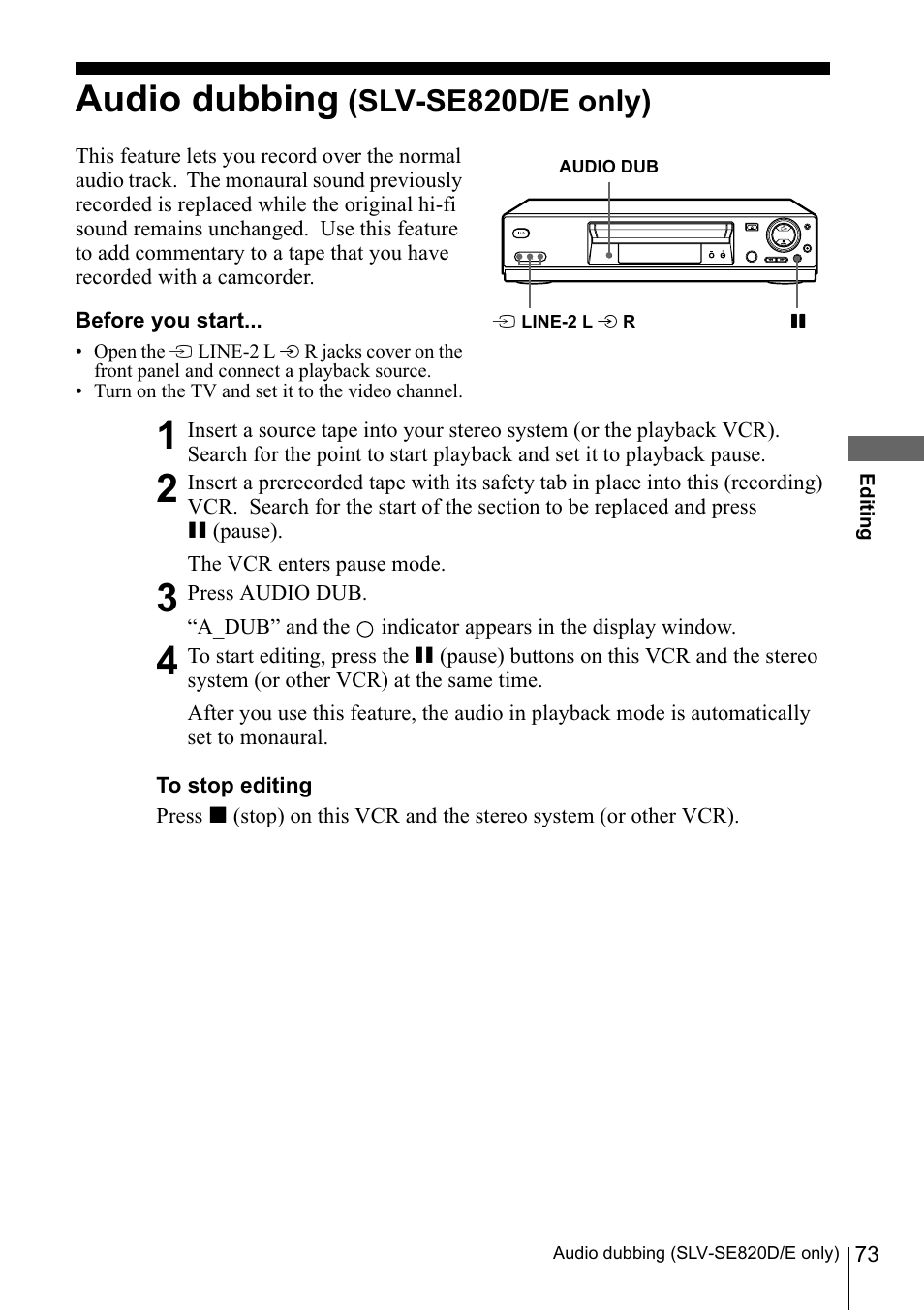 Audio dubbing (slv-se820d/e only), Audio dubbing, 820d | Only) | Sony SLV-SE220D User Manual | Page 73 / 80