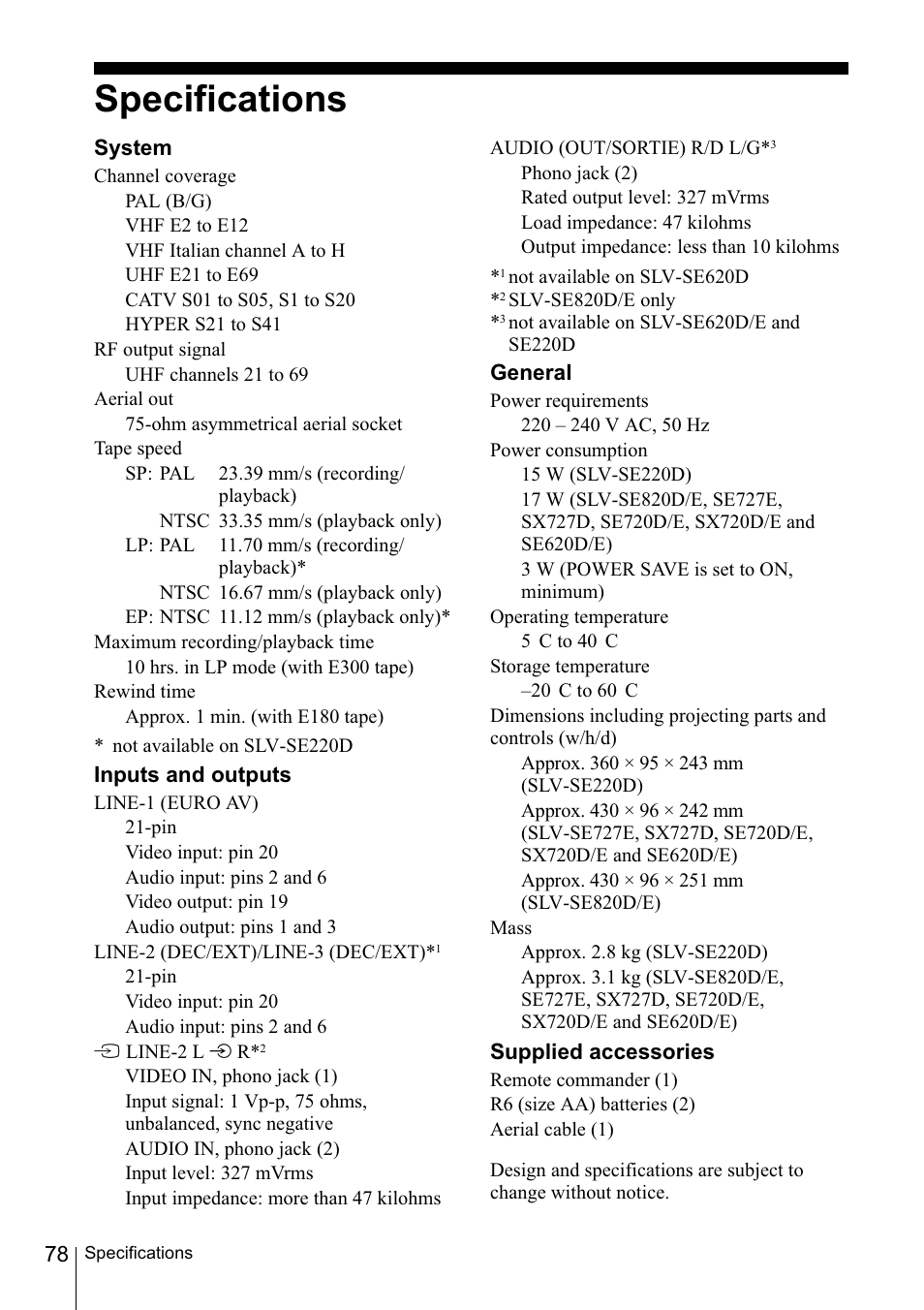 Specifications | Sony SLV-SE220D User Manual | Page 78 / 80