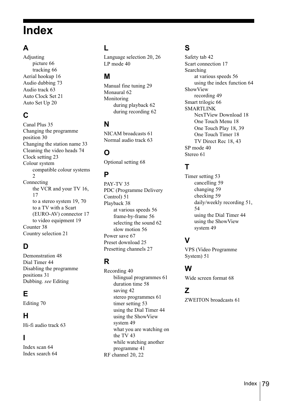 Index | Sony SLV-SE220D User Manual | Page 79 / 80