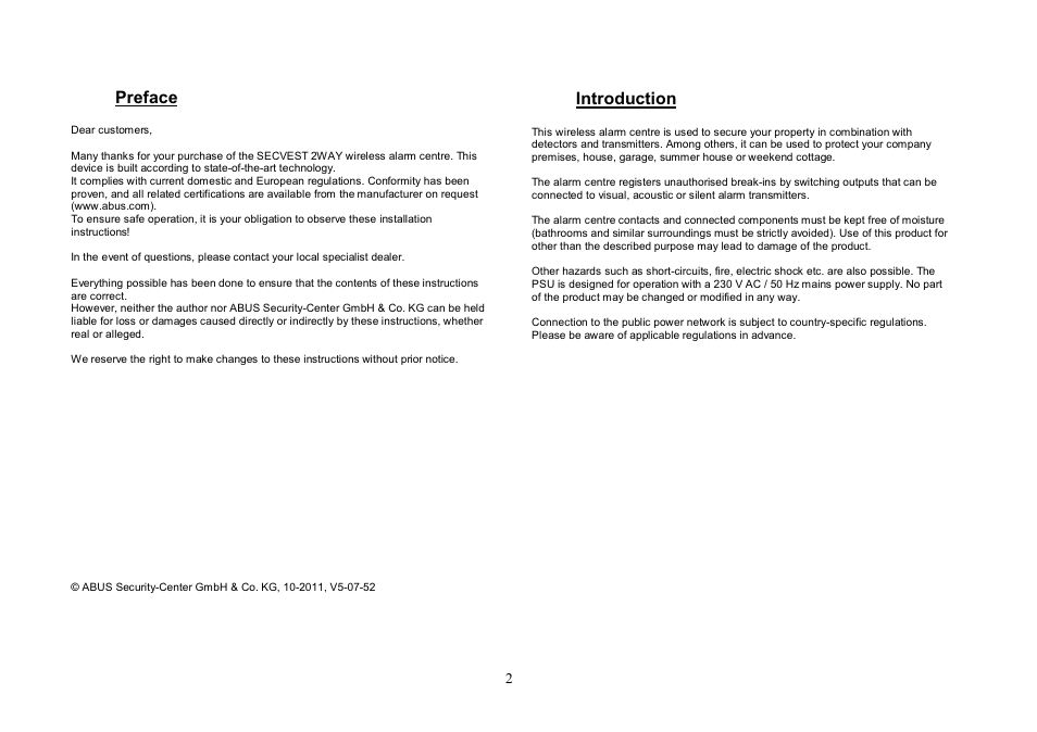 Preface, Introduction | ABUS FU8007 Secvest 2WAY Base Kit Installation User Manual | Page 2 / 106