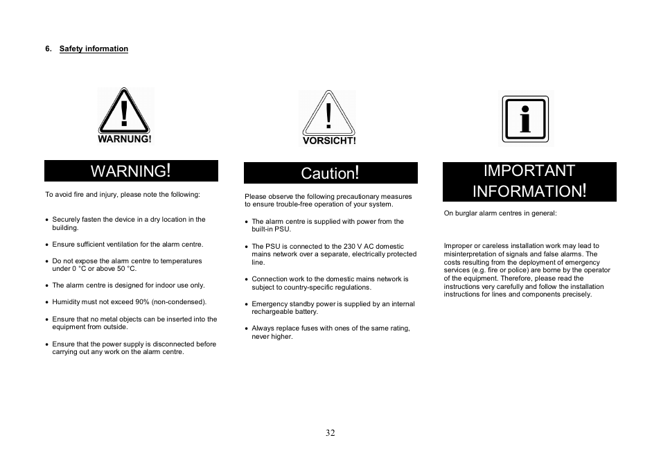 Warning, Caution, Important information | ABUS FU8007 Secvest 2WAY Base Kit Installation User Manual | Page 32 / 106