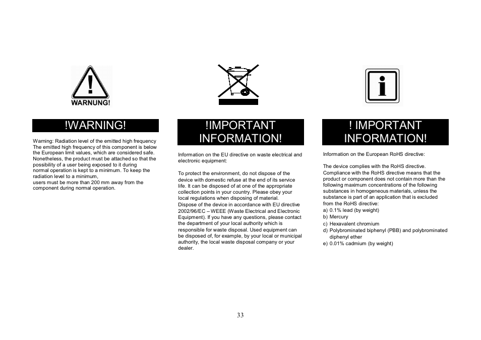 Warning, Important information | ABUS FU8007 Secvest 2WAY Base Kit Installation User Manual | Page 33 / 106