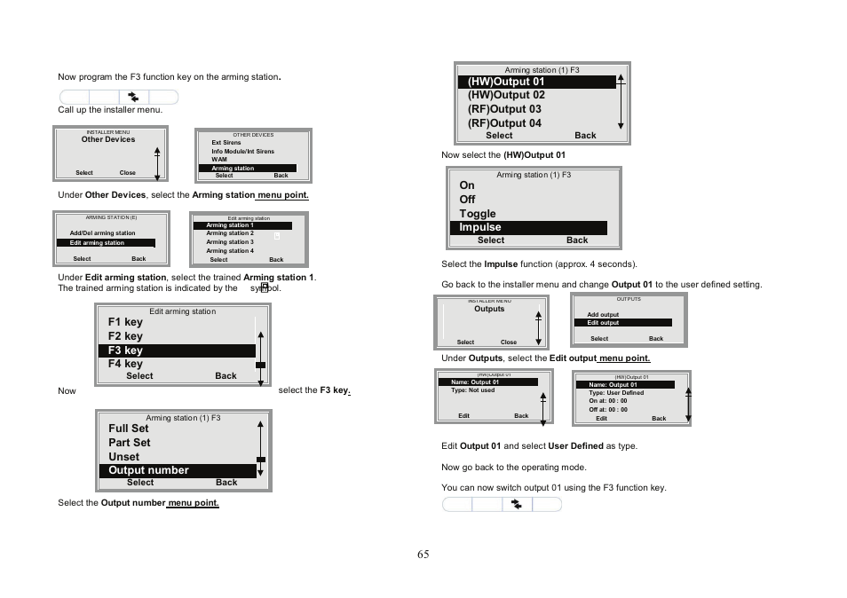 F1 key f2 key f3 key f4 key, Full set part set unset output number, On off toggle impulse | ABUS FU8007 Secvest 2WAY Base Kit Installation User Manual | Page 65 / 106
