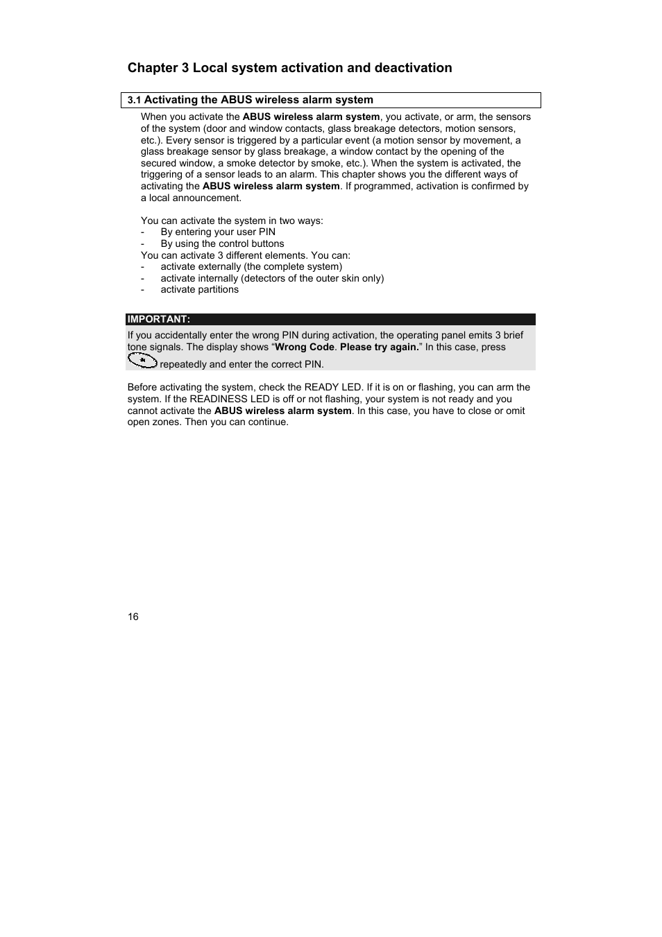 Chapter 3 local system activation and deactivation | ABUS FU9001 Privest Wireless Alarm Base Set Operating instructions User Manual | Page 20 / 56