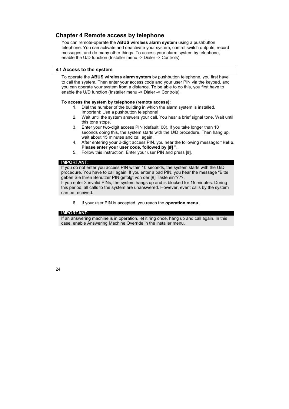 Chapter 4 remote access by telephone | ABUS FU9001 Privest Wireless Alarm Base Set Operating instructions User Manual | Page 28 / 56