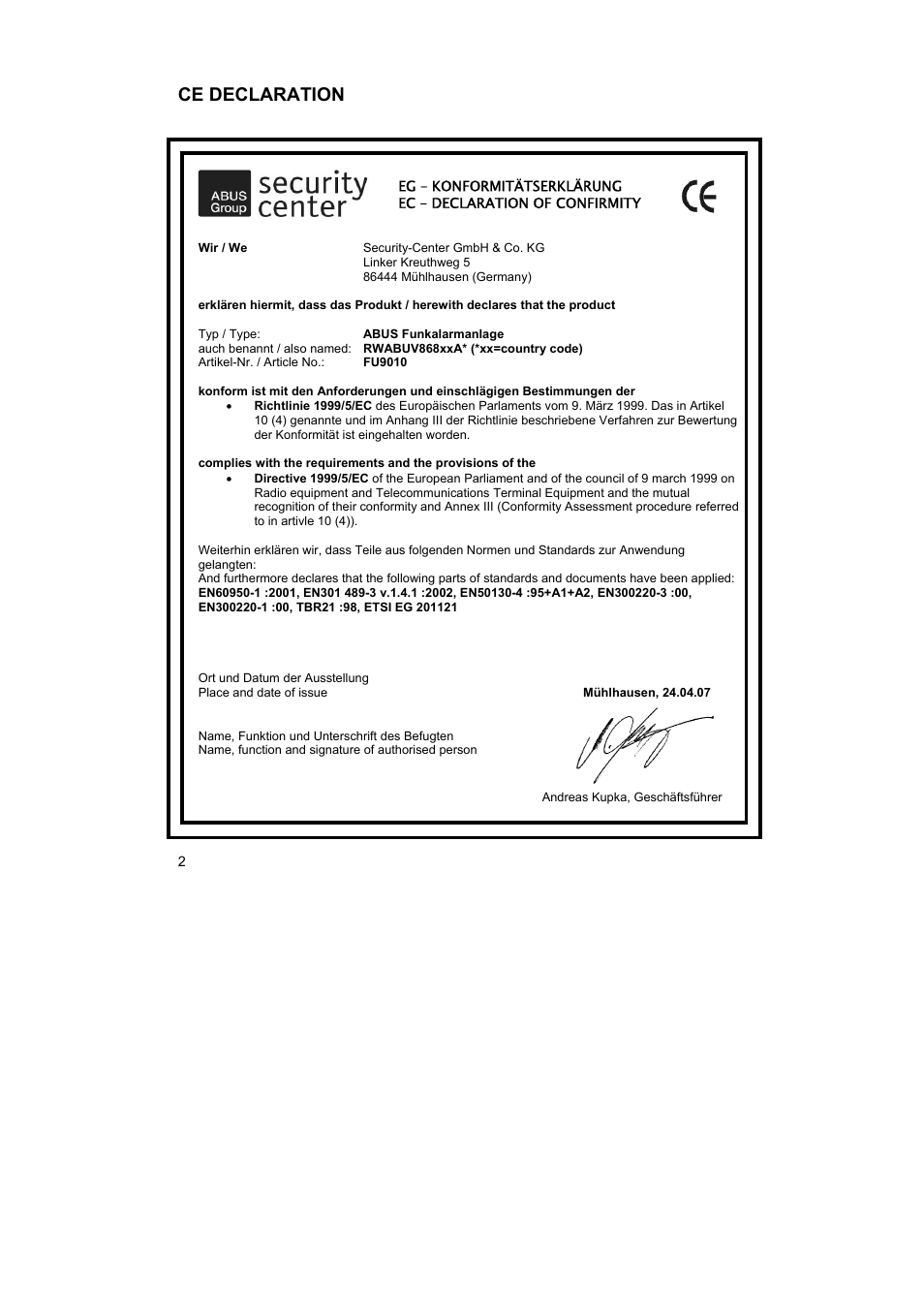 Ce declaration | ABUS FU9001 Privest Wireless Alarm Base Set Operating instructions User Manual | Page 6 / 56