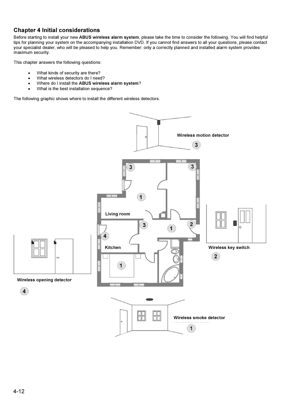 Chapter 4 initial considerations | ABUS FU9001 Privest Wireless Alarm Base Set Installation User Manual | Page 12 / 96
