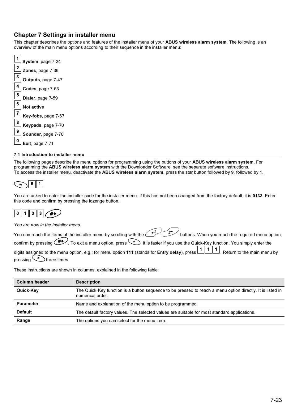 Chapter 7 settings in installer menu | ABUS FU9001 Privest Wireless Alarm Base Set Installation User Manual | Page 23 / 96