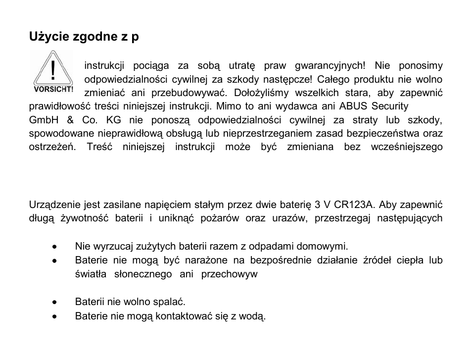 Użycie zgodne z przeznaczeniem, Zasady eksploatacji baterii | ABUS FUBW50021 Secvest wireless outdoor motion detector User Manual | Page 94 / 110
