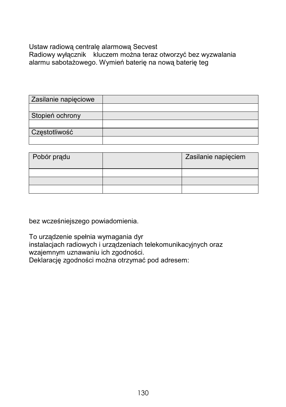 Wymiana baterii, Dane techniczne | ABUS FUBE50060 Secvest 2WAY Wireless Key Switch User Manual | Page 130 / 130