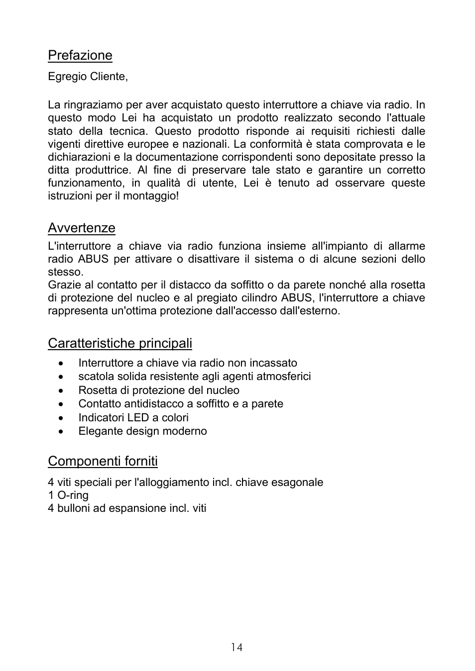 Prefazione, Avvertenze, Caratteristiche principali | Componenti forniti | ABUS FU9075 Privest Wireless Key Switch User Manual | Page 14 / 24