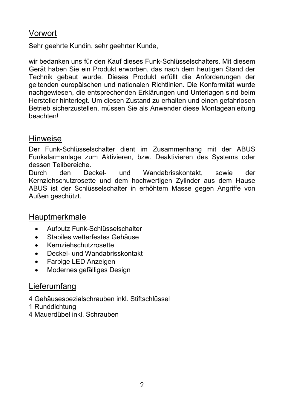 Vorwort, Hinweise, Hauptmerkmale | Lieferumfang | ABUS FU9075 Privest Wireless Key Switch User Manual | Page 2 / 24