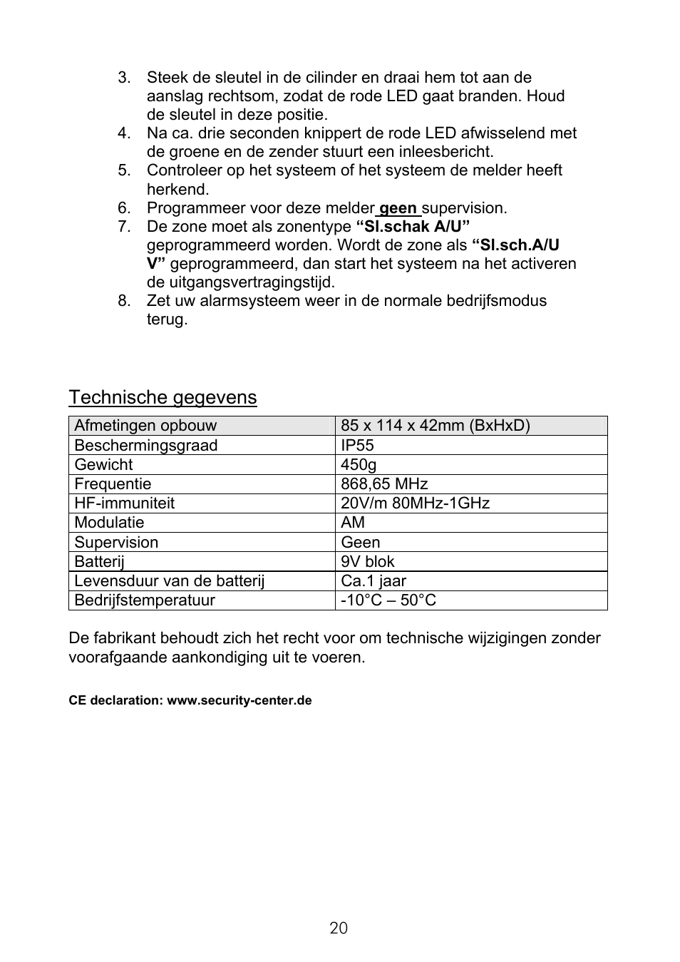 Technische gegevens | ABUS FU9075 Privest Wireless Key Switch User Manual | Page 20 / 24