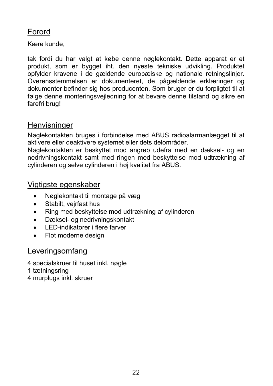 Forord, Henvisninger, Vigtigste egenskaber | Leveringsomfang | ABUS FU9075 Privest Wireless Key Switch User Manual | Page 22 / 24