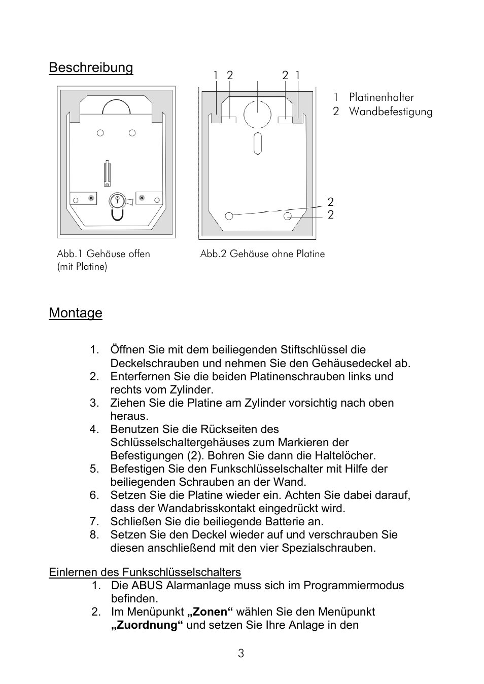Beschreibung, Montage | ABUS FU9075 Privest Wireless Key Switch User Manual | Page 3 / 24
