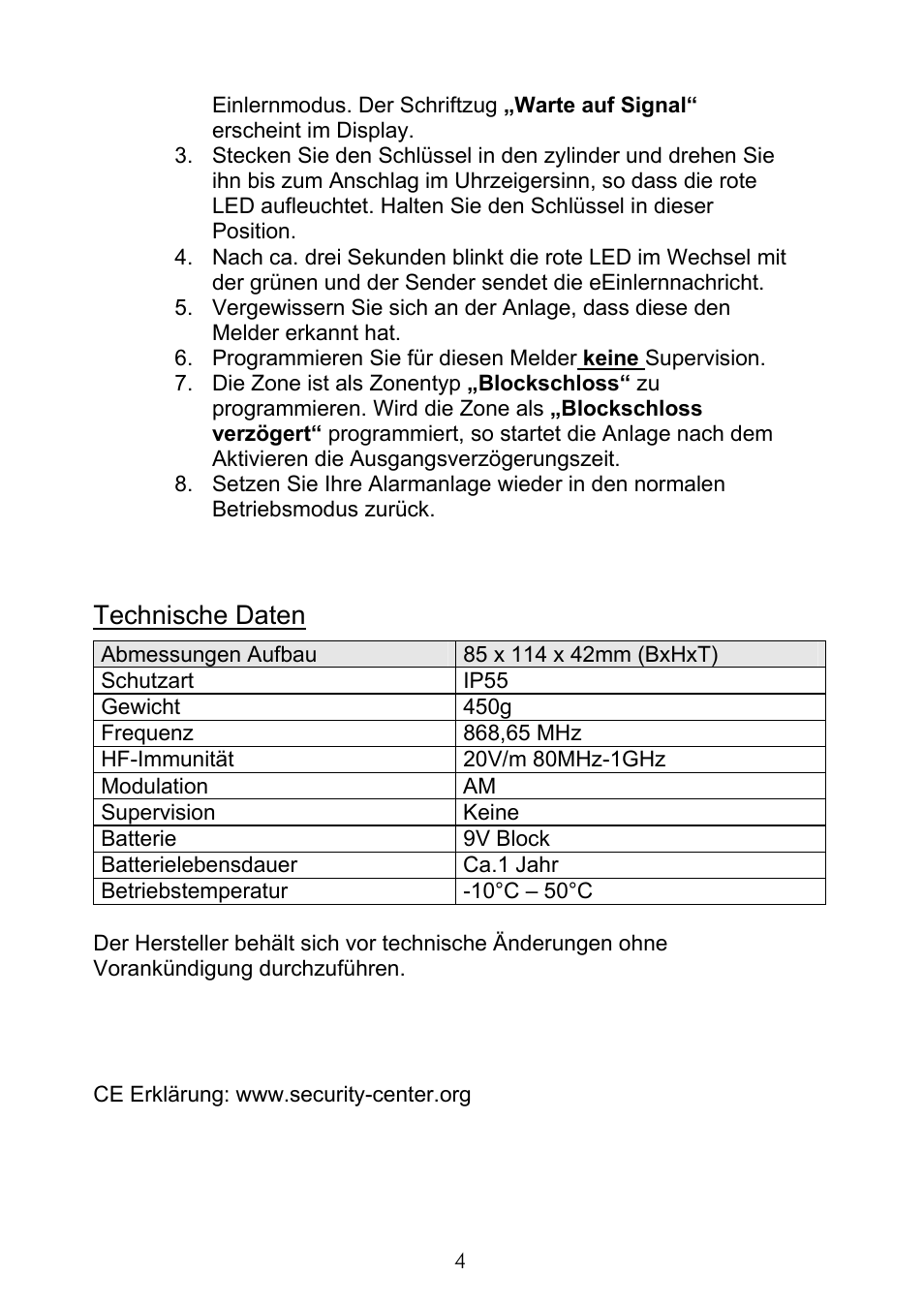 Technische daten | ABUS FU9075 Privest Wireless Key Switch User Manual | Page 4 / 24