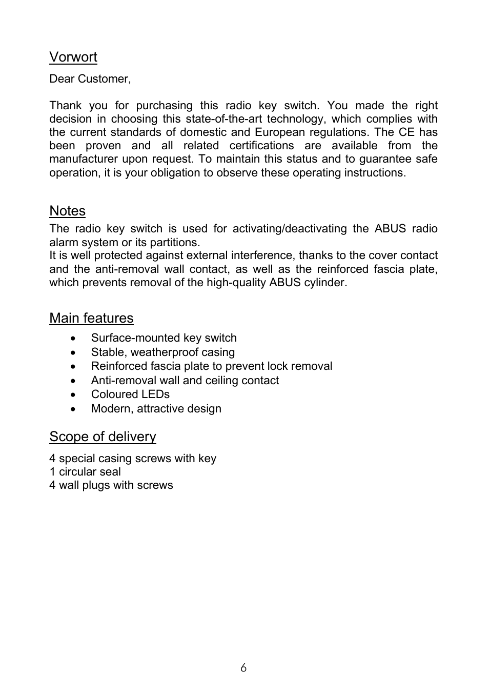 Vorwort, Main features, Scope of delivery | ABUS FU9075 Privest Wireless Key Switch User Manual | Page 6 / 24