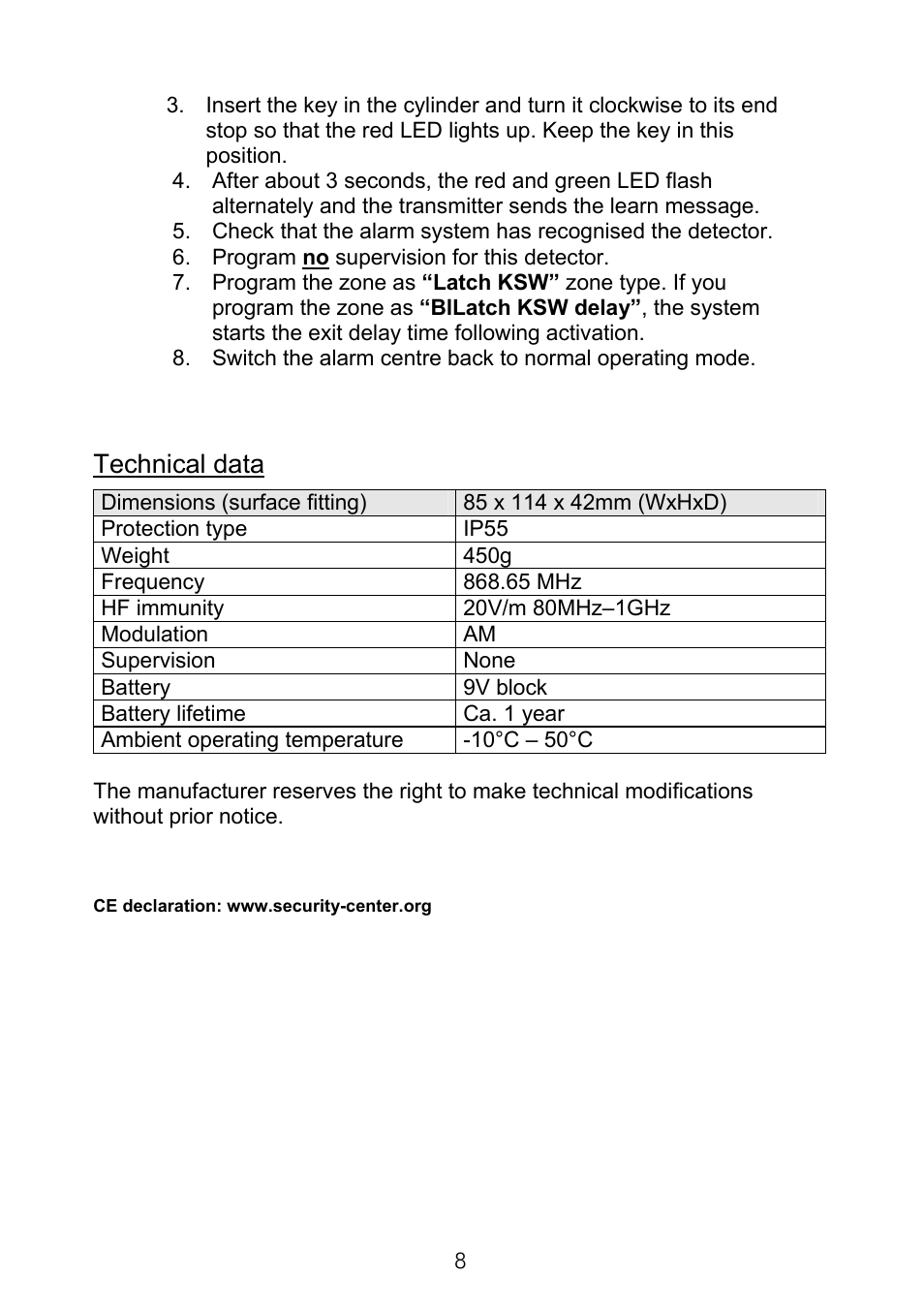 Technical data | ABUS FU9075 Privest Wireless Key Switch User Manual | Page 8 / 24