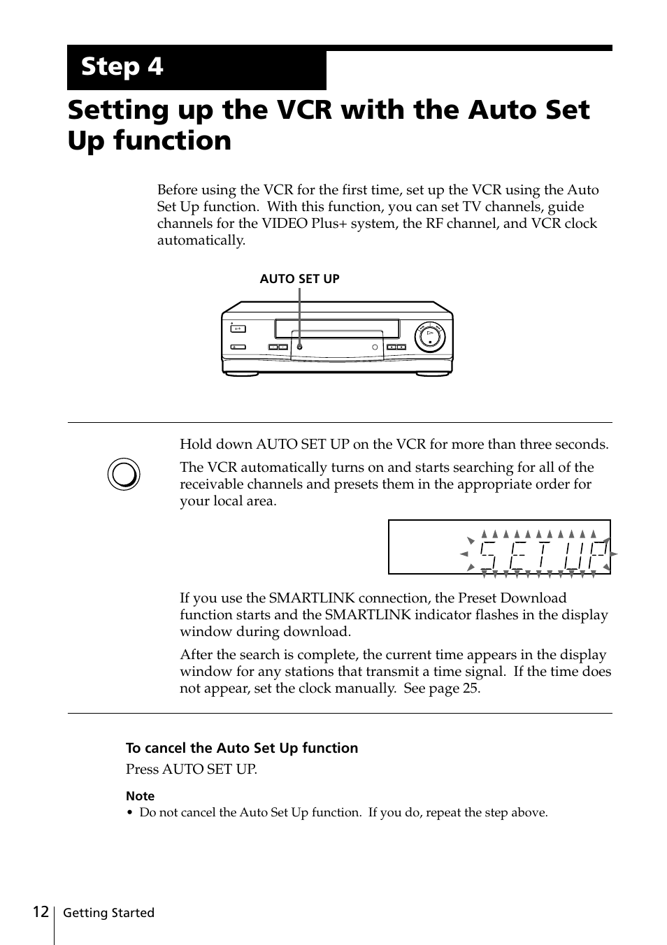 Setting up the vcr with the auto set up function, Step 4 | Sony SLV-SE20UX User Manual | Page 12 / 72