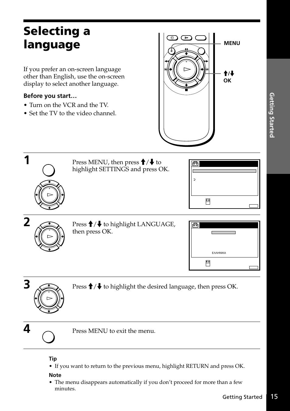 Selecting a language, Getting started, Press >/. to highlight language, then press ok | Press menu to exit the menu | Sony SLV-SE20UX User Manual | Page 15 / 72