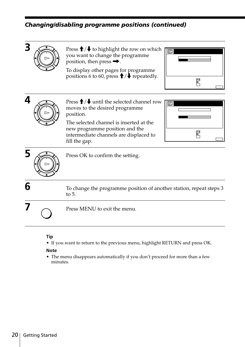 Press ok to confirm the setting, Press menu to exit the menu, Getting started | Sony SLV-SE20UX User Manual | Page 20 / 72
