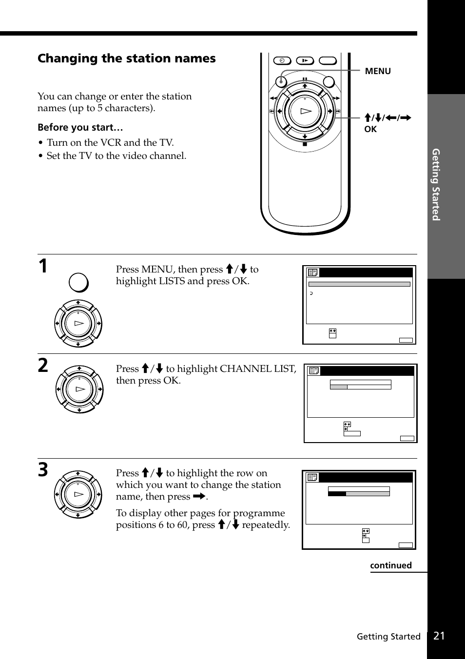 Changing the station names, Press >/. to highlight channel list, then press ok, Getting started | Ok menu continued | Sony SLV-SE20UX User Manual | Page 21 / 72