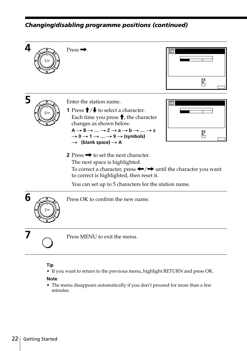 Press, Press ok to confirm the new name, Press menu to exit the menu | Getting started | Sony SLV-SE20UX User Manual | Page 22 / 72