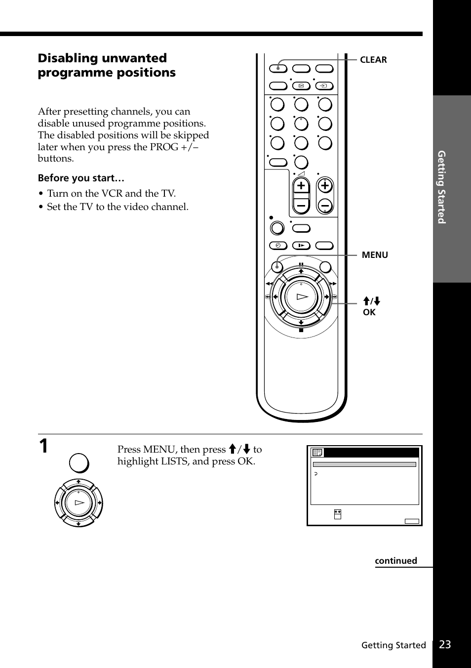 Disabling unwanted programme positions, Getting started | Sony SLV-SE20UX User Manual | Page 23 / 72