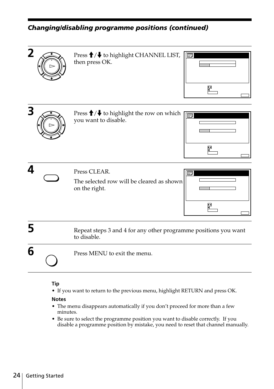 Changing/disabling programme positions (continued), Press >/. to highlight channel list, then press ok, Press menu to exit the menu | Getting started | Sony SLV-SE20UX User Manual | Page 24 / 72