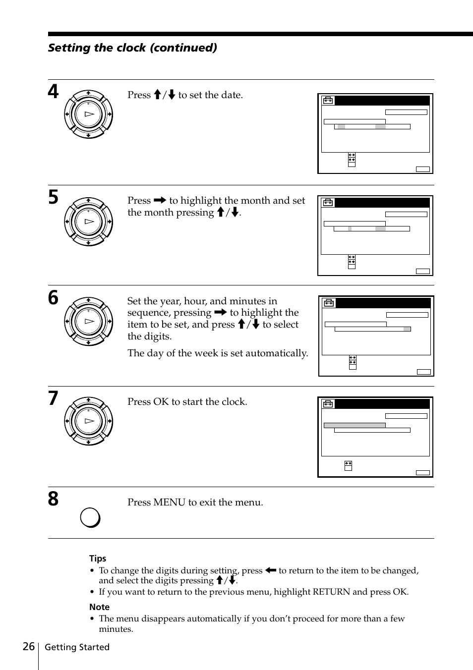 26 setting the clock (continued), Press >/. to set the date, Press ok to start the clock | Press menu to exit the menu, Getting started | Sony SLV-SE20UX User Manual | Page 26 / 72