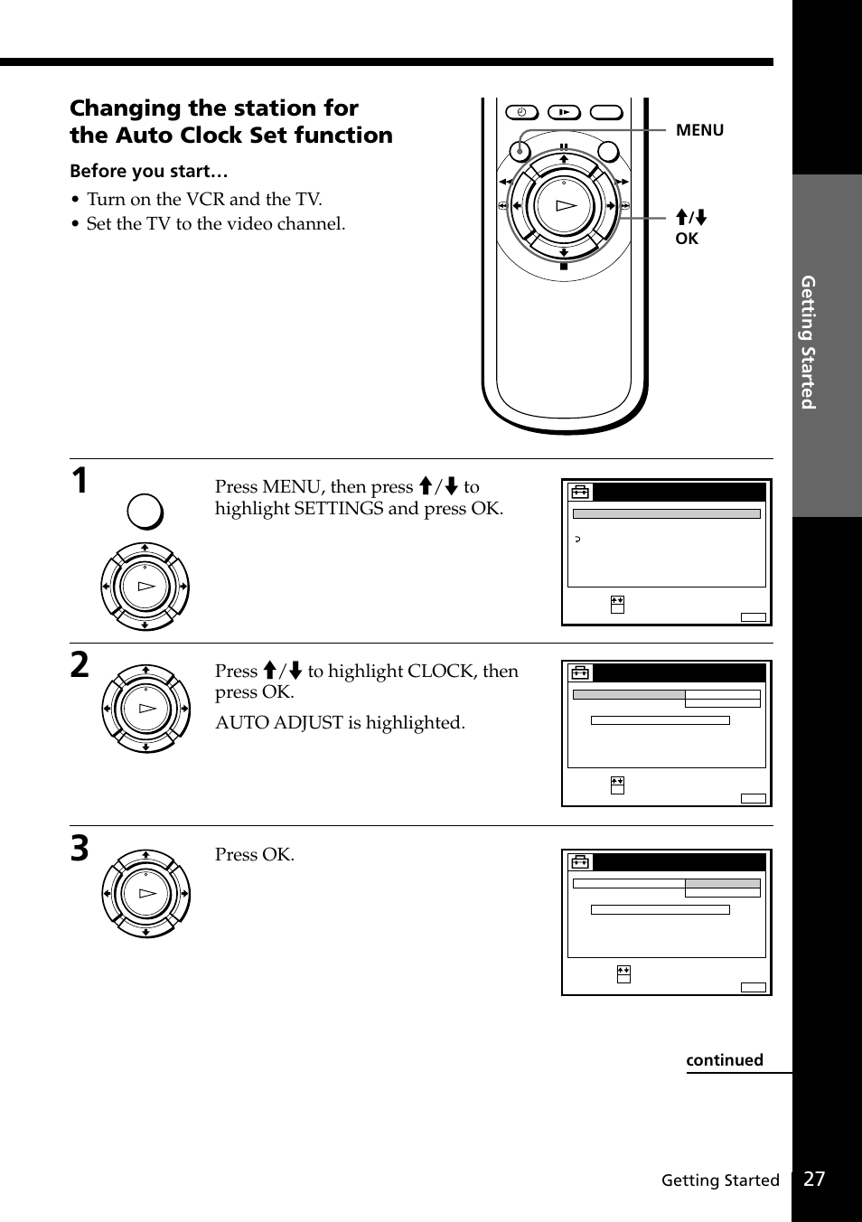 Press ok, Getting started, Continued | Ok menu | Sony SLV-SE20UX User Manual | Page 27 / 72