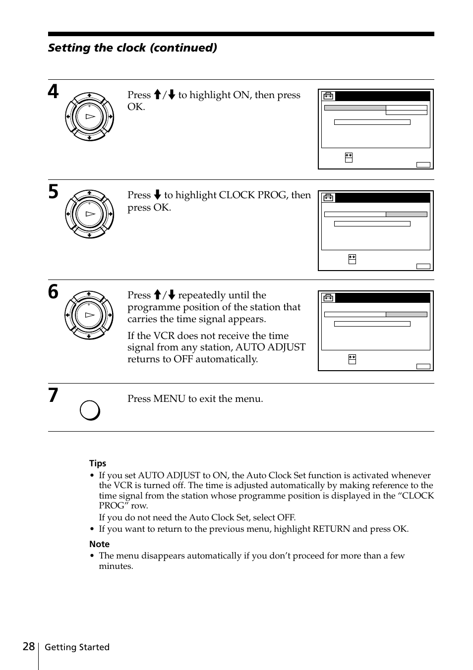 Setting the clock (continued), Press >/. to highlight on, then press ok, Press . to highlight clock prog, then press ok | Press menu to exit the menu, Getting started | Sony SLV-SE20UX User Manual | Page 28 / 72