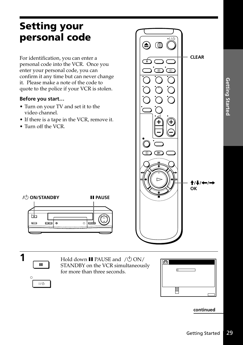 Setting your personal code, Getting started | Sony SLV-SE20UX User Manual | Page 29 / 72
