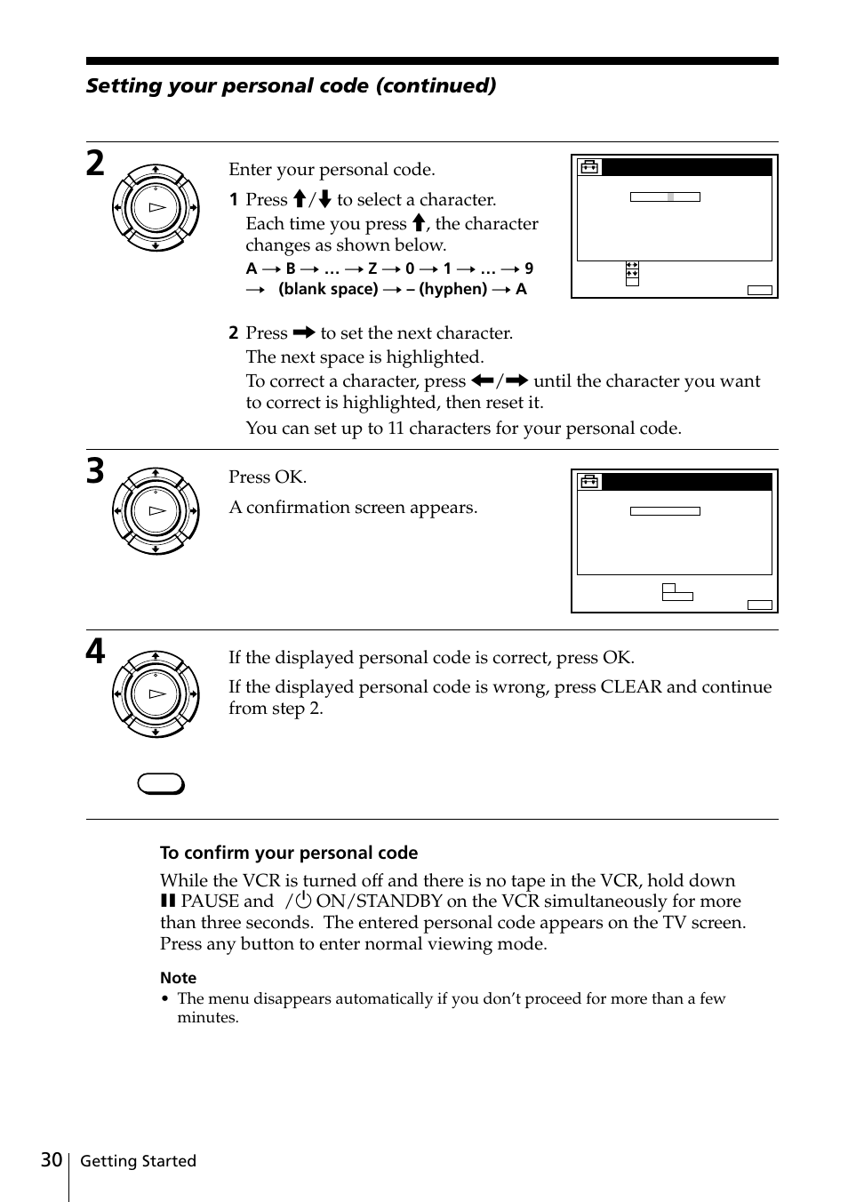 Setting your personal code (continued), Press ok. a confirmation screen appears, Getting started | Sony SLV-SE20UX User Manual | Page 30 / 72