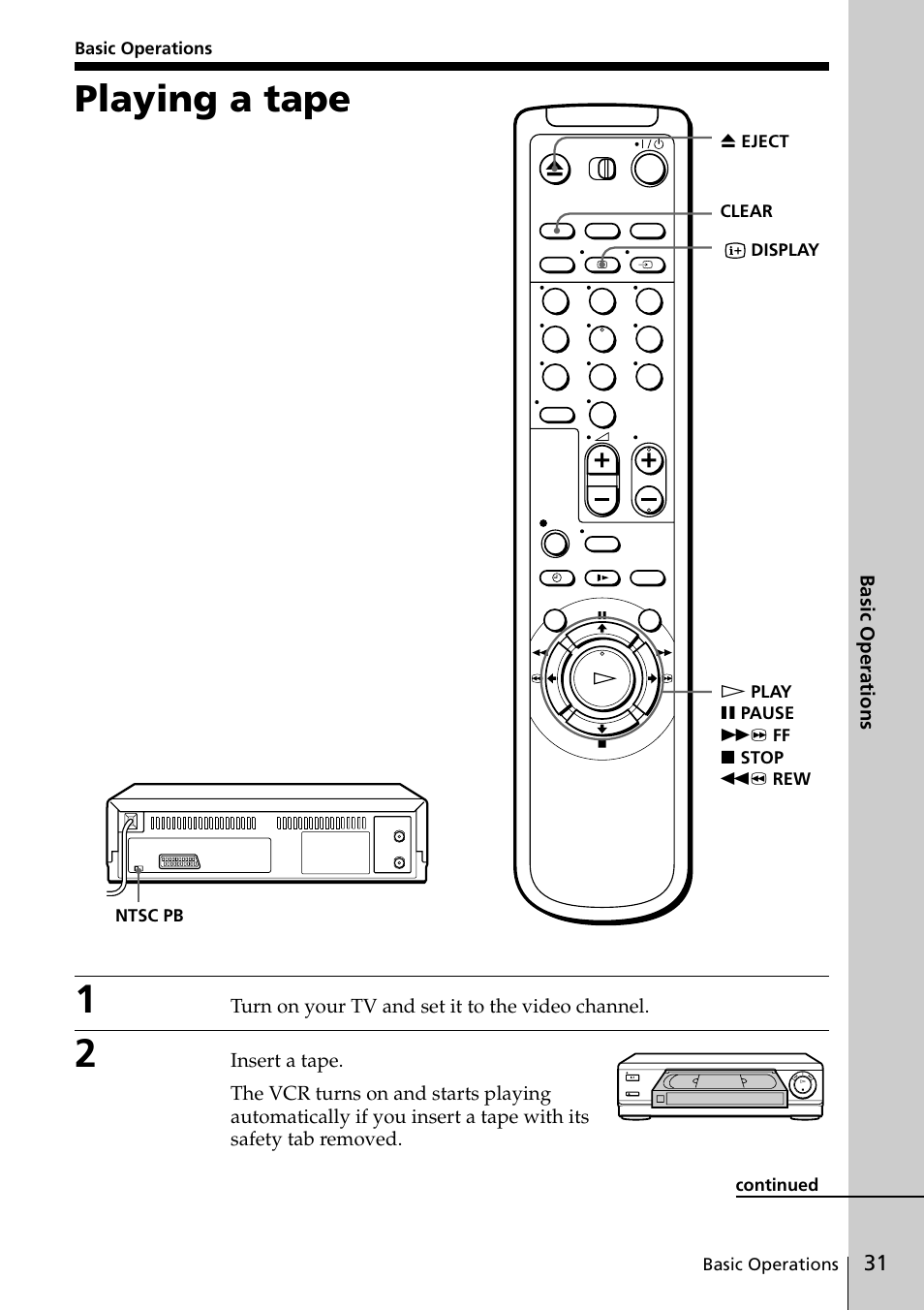 Playing a tape | Sony SLV-SE20UX User Manual | Page 31 / 72