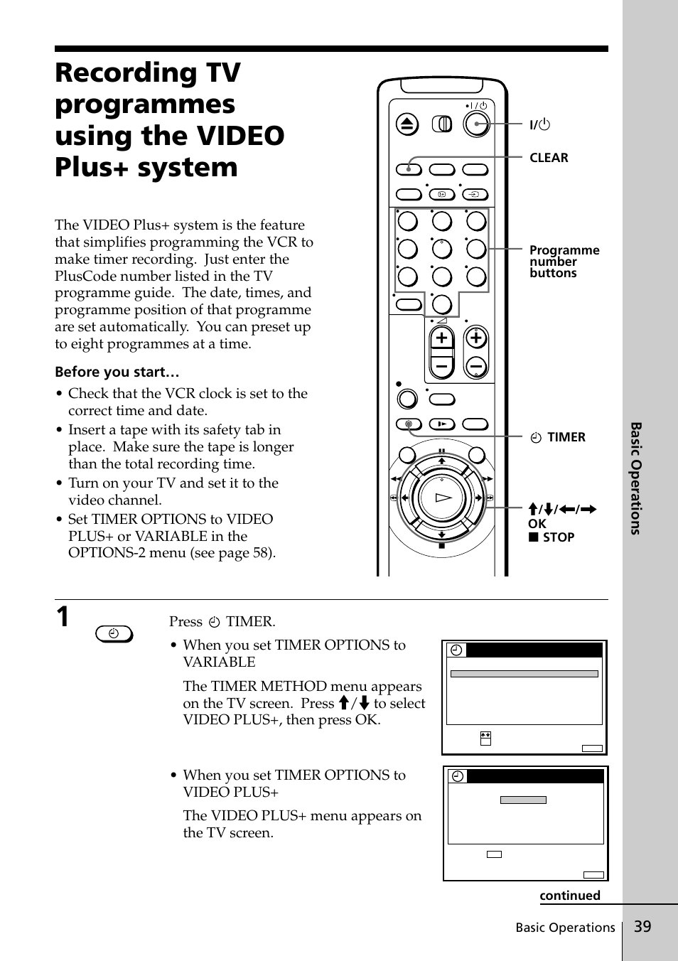 Basic operations | Sony SLV-SE20UX User Manual | Page 39 / 72