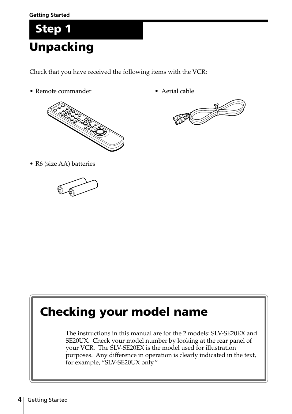 Unpacking, Checking your model name, Step 1 | Sony SLV-SE20UX User Manual | Page 4 / 72
