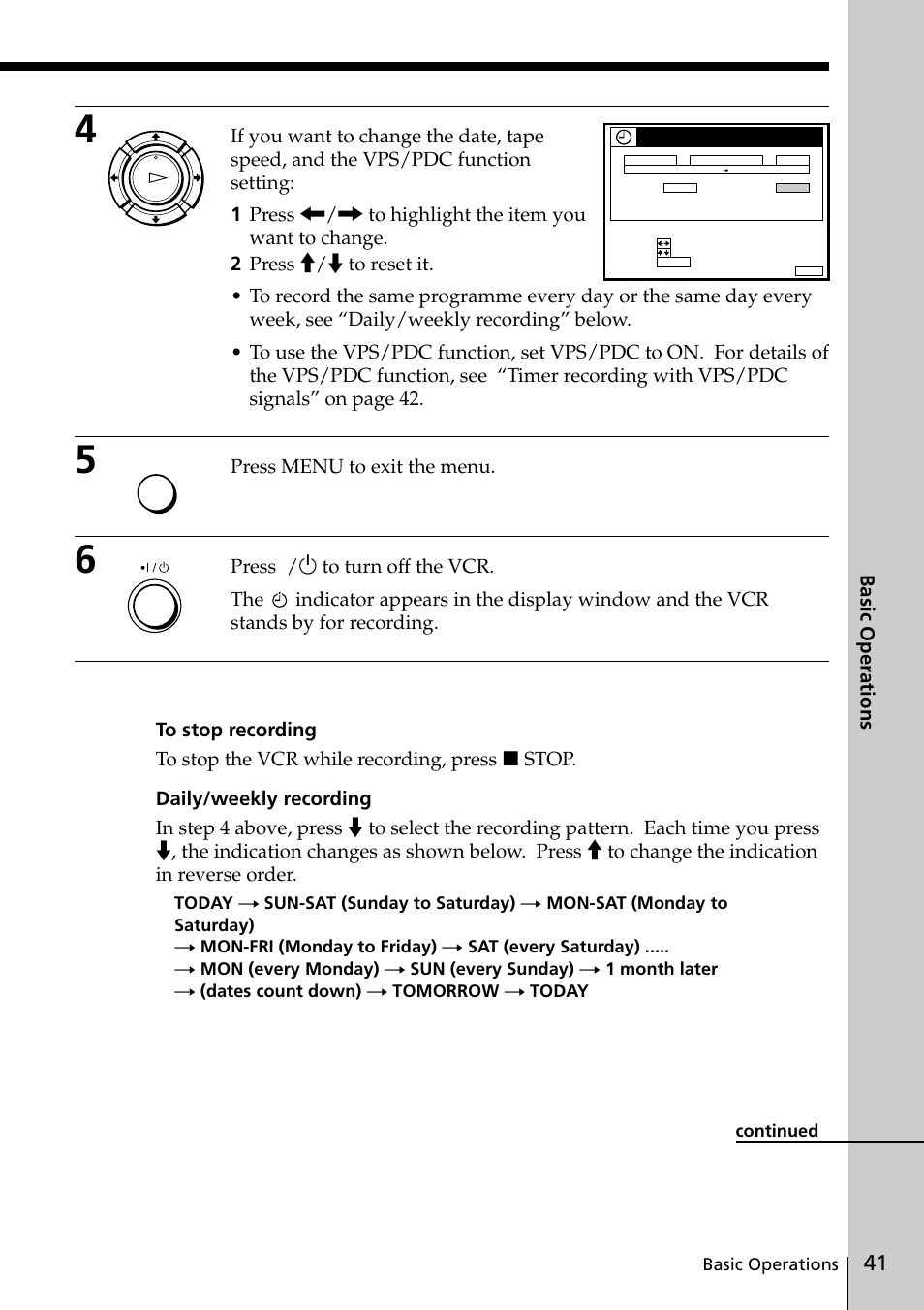 Basic operations, Press menu to exit the menu | Sony SLV-SE20UX User Manual | Page 41 / 72