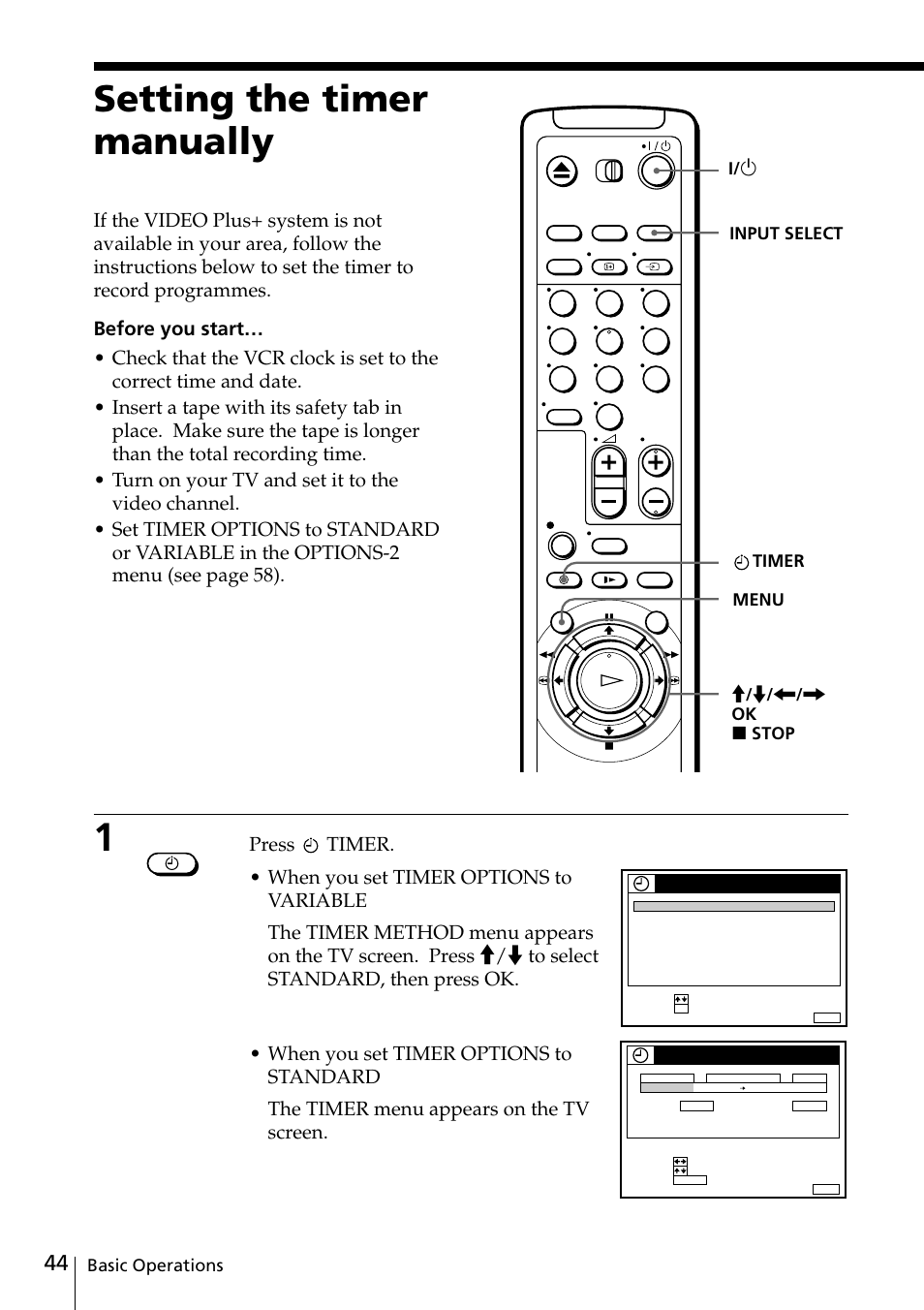 Setting the timer manually | Sony SLV-SE20UX User Manual | Page 44 / 72