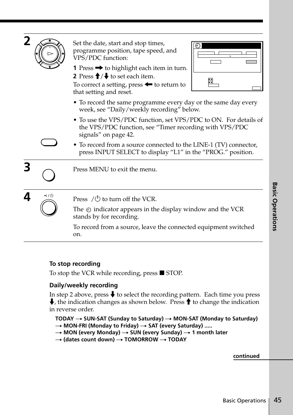 Basic operations, Press menu to exit the menu | Sony SLV-SE20UX User Manual | Page 45 / 72