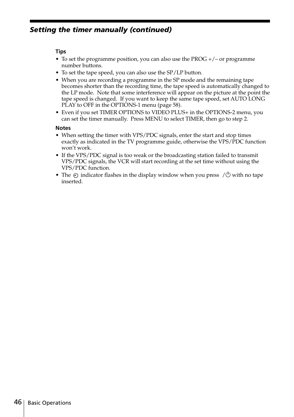 Setting the timer manually (continued) | Sony SLV-SE20UX User Manual | Page 46 / 72