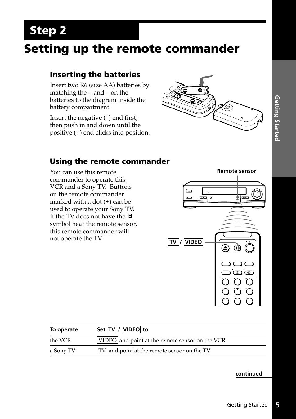 Setting up the remote commander, Step 2, Inserting the batteries | Using the remote commander | Sony SLV-SE20UX User Manual | Page 5 / 72