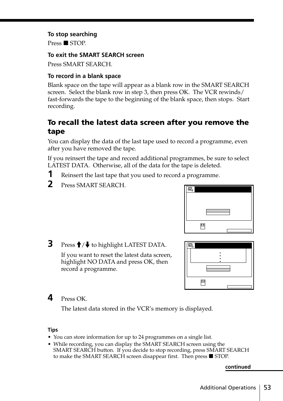 Press smart search, Additional operations continued | Sony SLV-SE20UX User Manual | Page 53 / 72